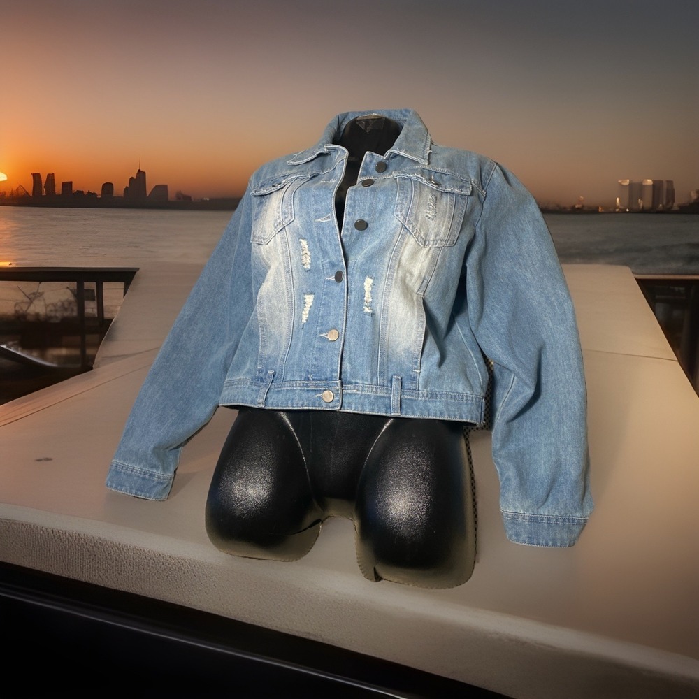 Elsie & Zoey Denim Jacket Womens Crop‎ Large Distressed See You At The Beach